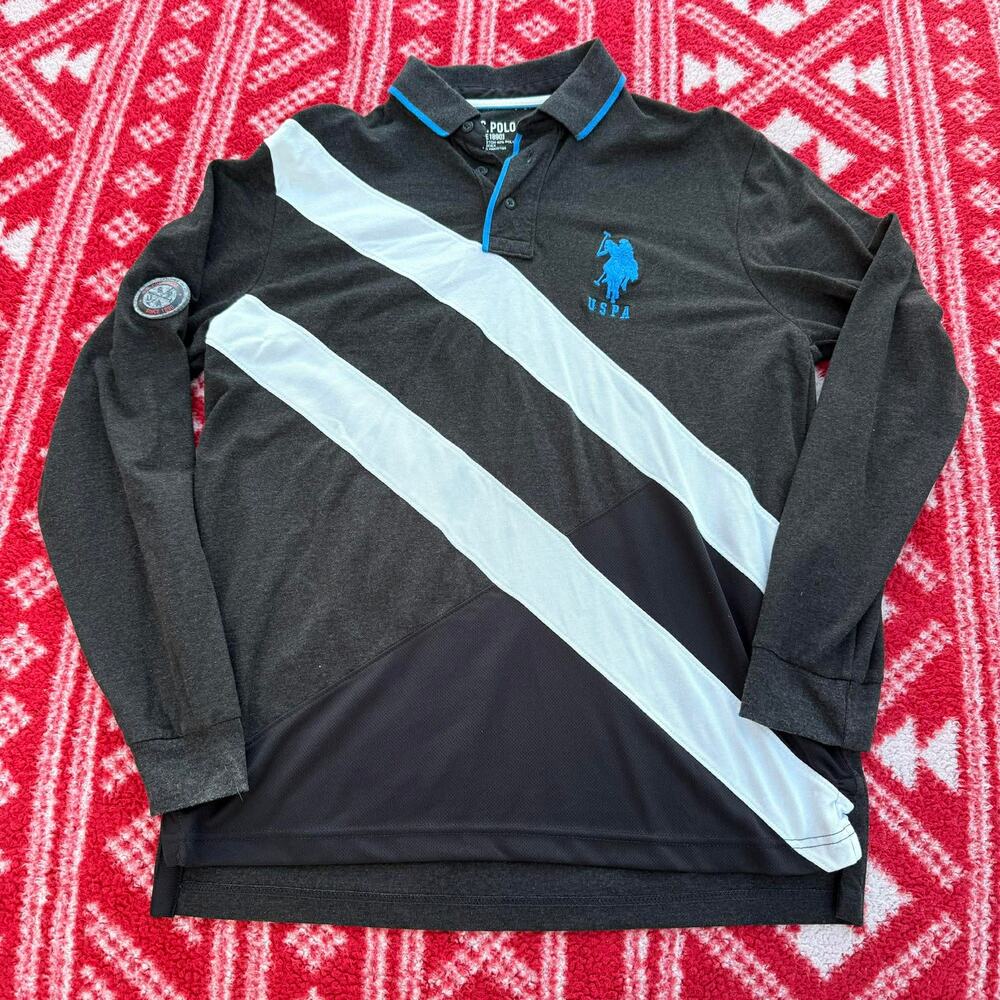 U.S. Polo Assn Men’s Large Long Sleeve Polo Gray White Black Colorblock